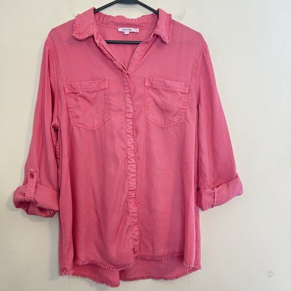 Chico's Shirt Women's 12 Pink Frayed Trim Roll-Tab Long Sleeve Button Up Blouse - Picture 2 of 10